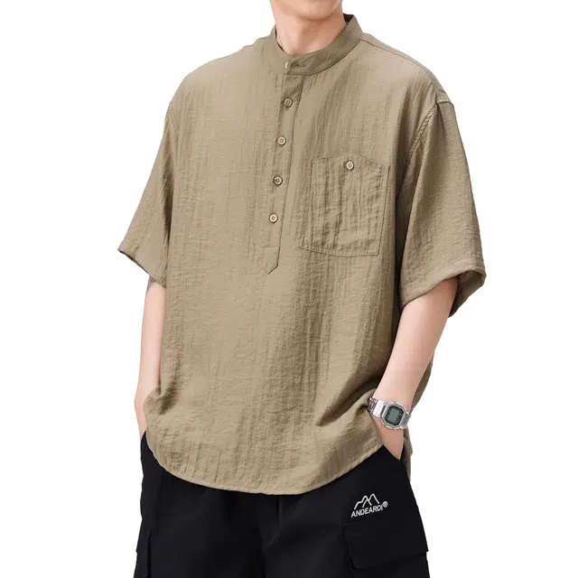 帝狼牛 户外休闲亚麻日式宽松休闲上衣时尚简约百搭透气工装短袖衬衫 男女同款