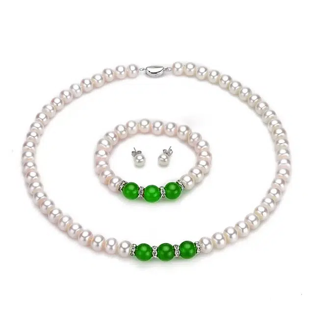 贝诗 淡水珍珠绿玛瑙项链豪华富贵珍珠套装妈妈链婆婆妈妈送礼淡水珍珠项链三件套 礼盒装套装项链女款