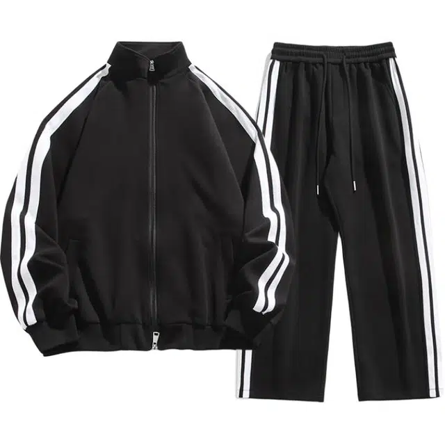 洛兹 美式高街复古撞色侧边条纹立领开衫直筒垂感长裤简约设计百搭休闲运动套装 男女同款