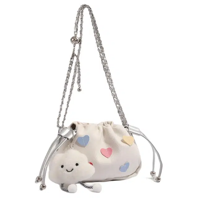 度森袋鼠 时尚百搭链条褶皱 帆布 腋下单肩包 常规 女款 米白色/黑色