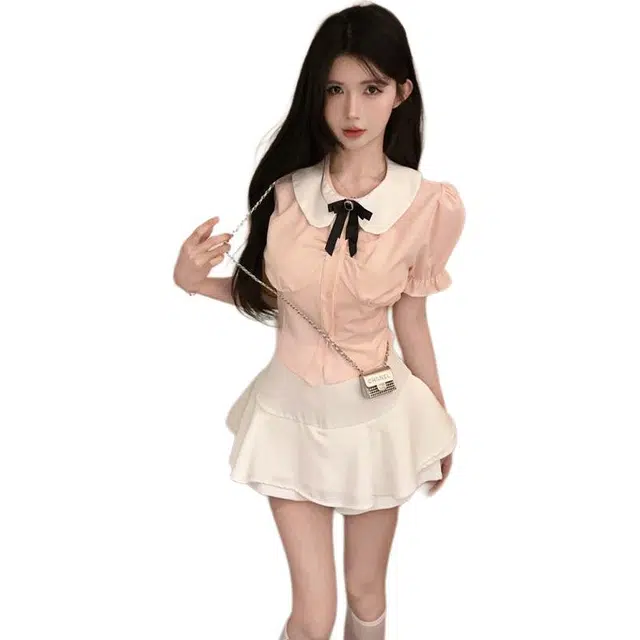 哒头下雨不愁 学院收腰短袖制服衬衫辣妹两件套百褶裙上衣裙装套装 女款