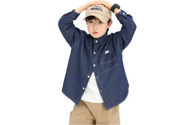 儿童款 左西 纯色胸前口袋牛仔休闲长袖衬衫 深牛仔色