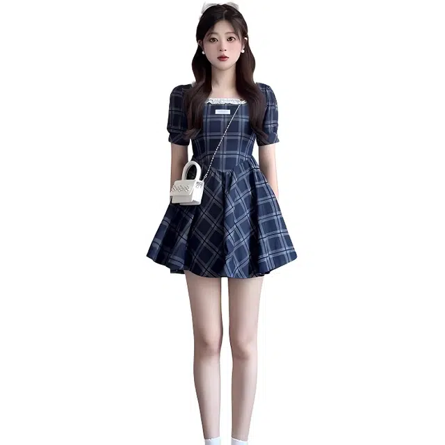 沐晓欣 学院风小众设计感格子蕾丝边方领气质小裙子短袖连衣裙 女款