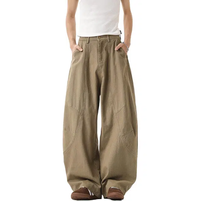 行更远 美式复古解构拼接褶皱弯刀裤小众高级感高街痞帅宽松百搭舒适简约廓形夏季休闲工装裤 男女同款