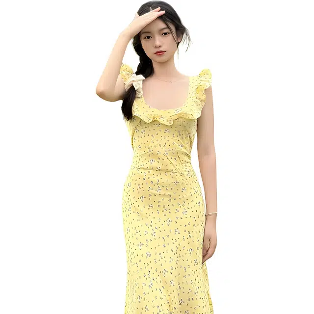 水中花 气质高级感温柔碎花小个子中长款收腰裙子无袖连衣裙 女款