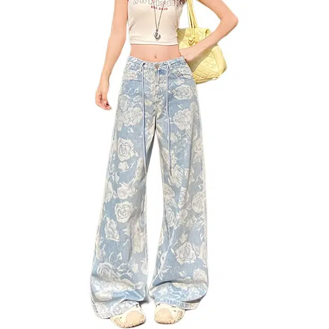如续 设计感提花阔腿高腰宽松显瘦拖地裤牛仔裤 女款