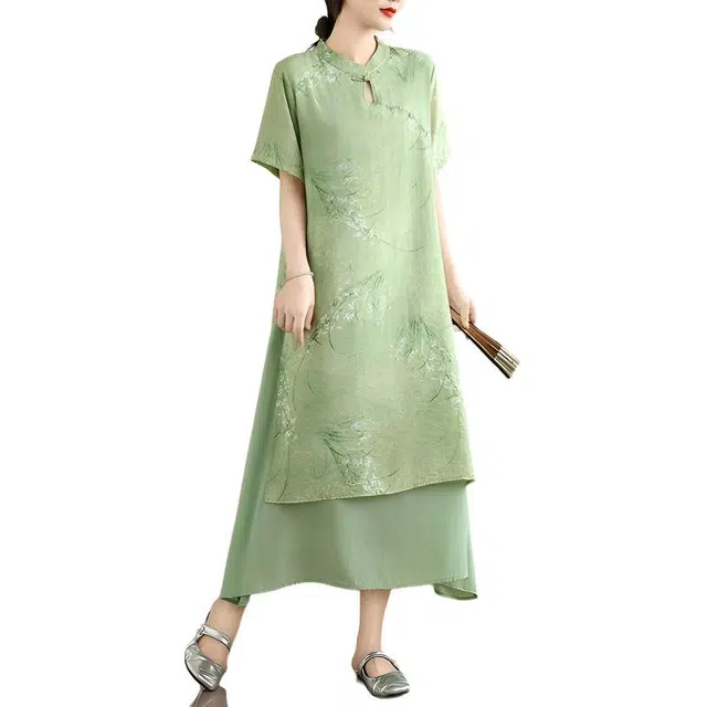 缪斯的诱惑 国风新中式立领盘扣改良旗袍裙子夏季双层不规则系带气质显瘦长裙短袖连衣裙 女款