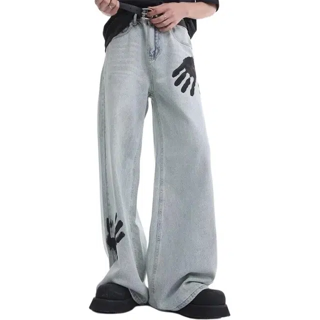极限涡轮 美式高街设计感手印设计感小众宽松痞帅潮牌水洗垂感慵懒风牛仔裤 男女同款