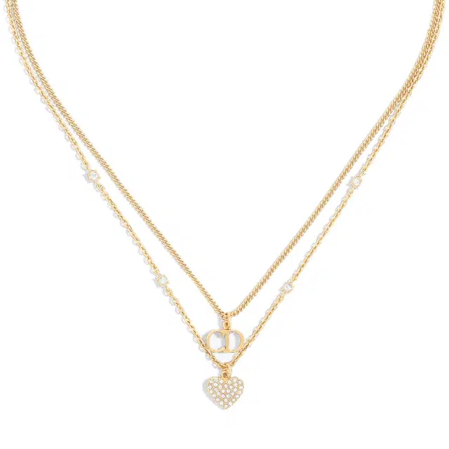DIOR Double Chain Heart Pendant Necklace Gold