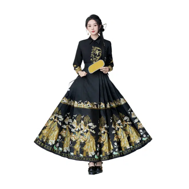 荟萃阁 新中式国风翻领刺绣改良上衣一片式织金刺绣马面裙裙装套装 女款