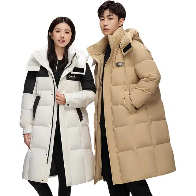 鸭鸭 拼色加厚长款休闲长袖羽绒服 男女同款