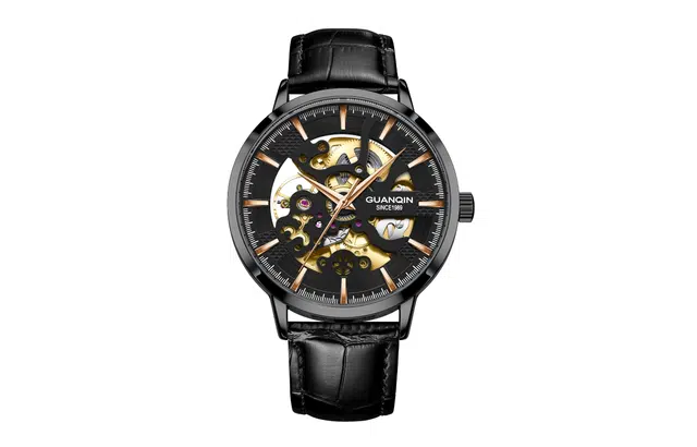 冠琴 雕花系列 国潮镂空时尚手表男款大学生款式 自动机械机芯 皮革表带 国表 男表 黑色表盘 礼盒包装