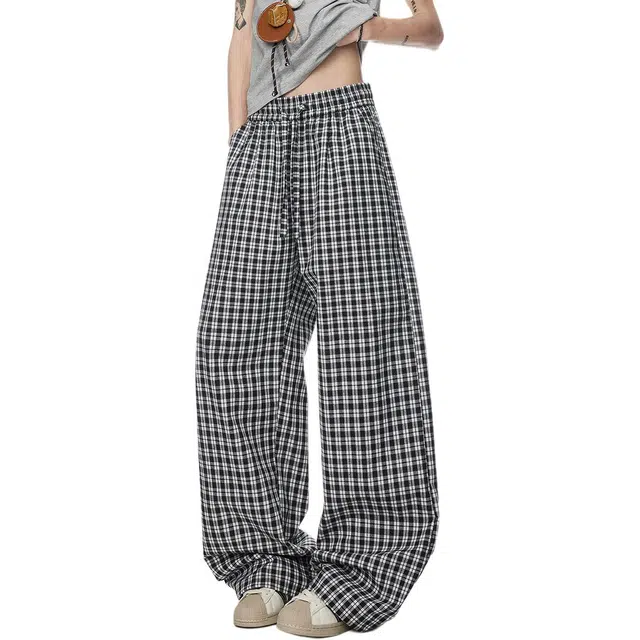 童先森 夏季薄款宽松格子中高腰长裤休闲裤 男款