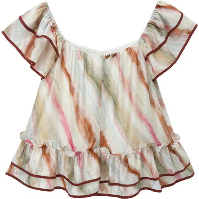 谜秀 复古气质彩虹条纹双层袖拼色短袖圆领法式衬衫 女款