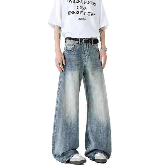 佐菲利 夏季薄款竹节纹直筒潮流高街百搭休闲水洗阔腿弯刀牛仔裤 男款