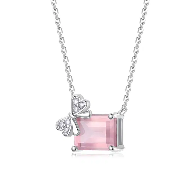 阿黛丽 蝴蝶结镶嵌粉晶芙蓉石 水晶 玉石项链 女款