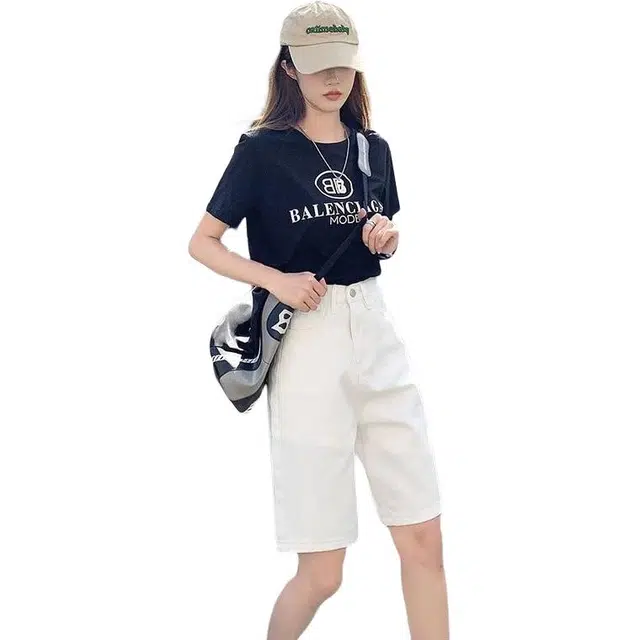 黛尔佳人 白色美式高腰小个子阔腿裤五分裤宽松复古直筒中裤牛仔短裤 女款