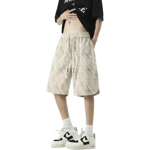 左岸 夏季港风潮流简约暗纹宽松系带中裤薄款沙滩风五分裤子休闲短裤 男款