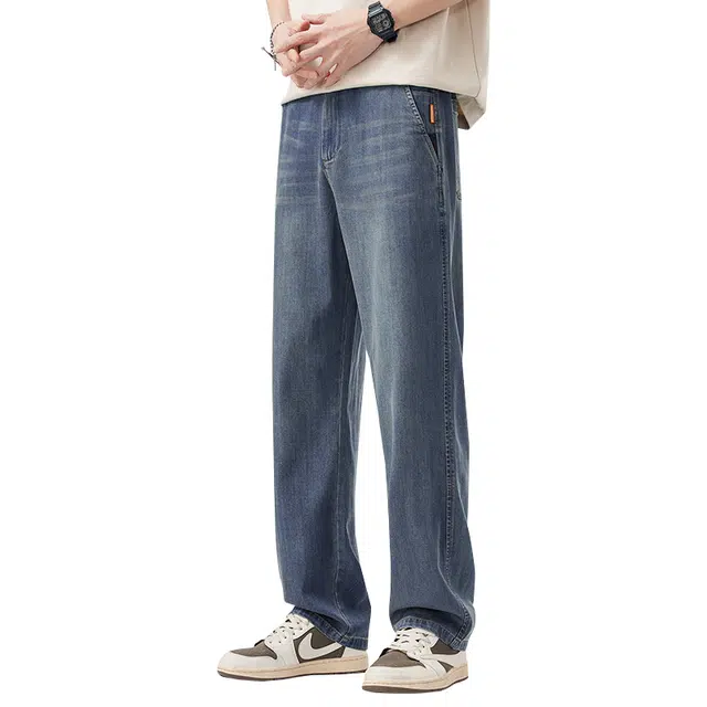 协协乐 夏季薄款美式复古合身阔腿垂感长裤牛仔裤 男款
