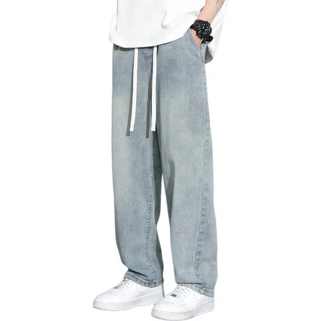 顶峰保罗 美式抽绳宽松百搭冰丝透气休闲无性别主义直筒薄款垂感长裤显高显瘦弹力潮牌复古牛仔裤 男女同款