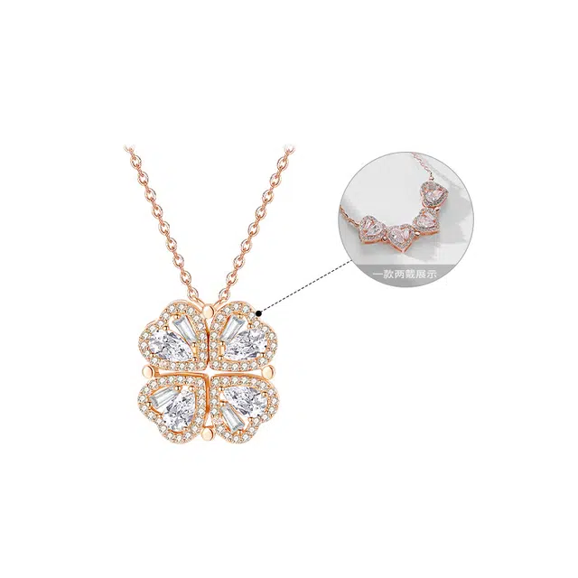 周大生 爱心四叶草套链小众设计 银 项链 女款 玫瑰金色多巴胺配色