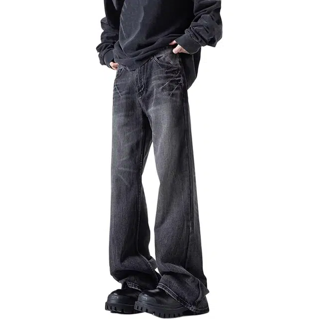 法文箱子 潮流慵懒风气质百搭欧路得闪电纹微喇高街牛仔裤 男款