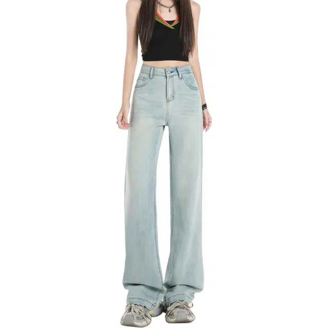 玫丝朵 复古潮流简约百搭高腰阔腿裤舒适宽松微喇牛仔裤 女款