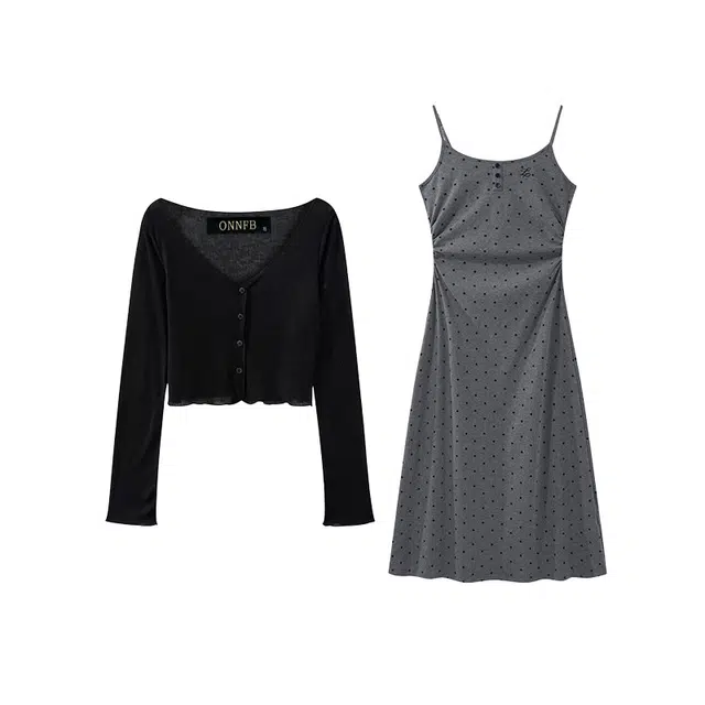 桴生 法式波点元素夏季气质修身显瘦吊带连衣裙与针织衫组合裙装套装 女款