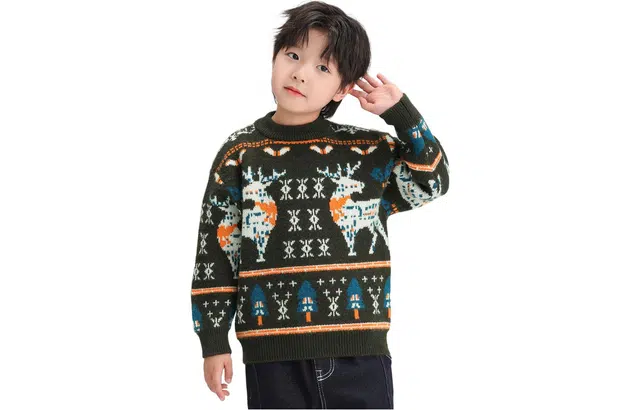 儿童款 左西 加厚圆领提花长袖针织衫 绿色