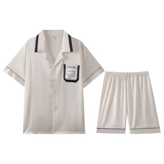 向薇 冰丝翻领开衫夏季薄款短袖短裤青年可外穿家居服睡衣套装 男款