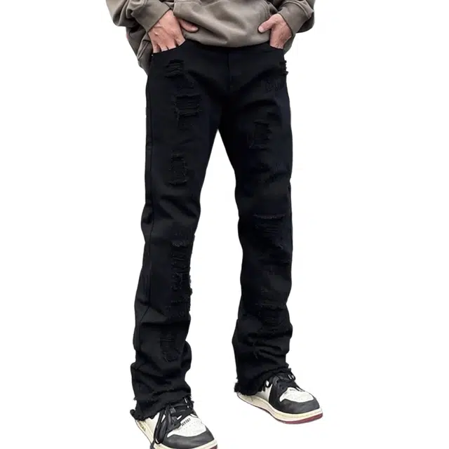 沐诚阳译 美式破洞潮牌高街直筒微喇牛仔裤 男款