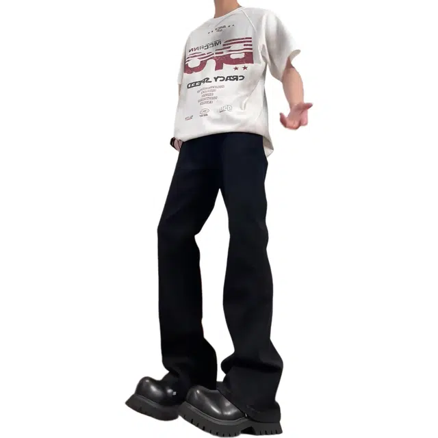 八哥 美式复古高街废土风基础款弯刀弹力阔腿垂感百搭高级感运动舒适柔软个性简约微喇牛仔裤 男女同款