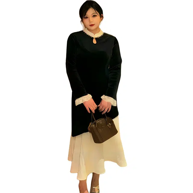 哒头下雨不愁 保暖新中式连衣裙长袖方领通勤旗袍 女款