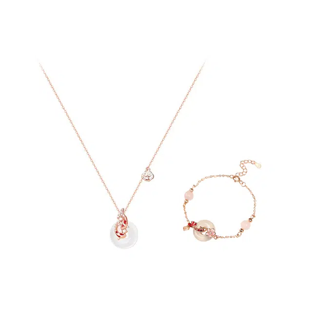 龙弗 锦鲤附体 昭昭如愿好事成双出门见喜水逆退散锦鲤 平安扣两件套小众甜美清冷氛围感 玉髓 项链 女款