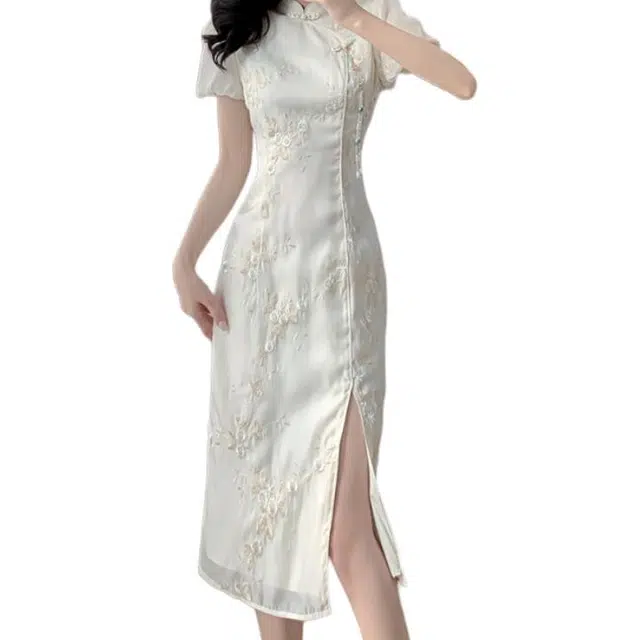 沐晓欣 高贵改良旗袍年轻重工新中式国风订婚休闲时尚气质短袖连衣裙 女款