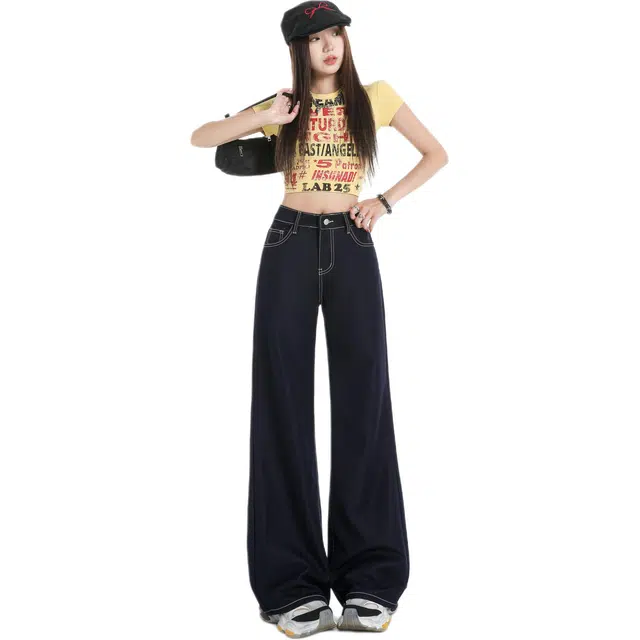 玫丝朵 美式复古简约百搭宽松弹力舒适抗皱免烫微喇版型牛仔裤 女款