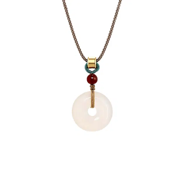 深祥霖 气质玉石平安扣 转运珠文玩新中式国风本命年编织绳锁骨链 平安如意汉服民族风宫廷日常通勤百搭 玉髓 项链 男女同款情侣款