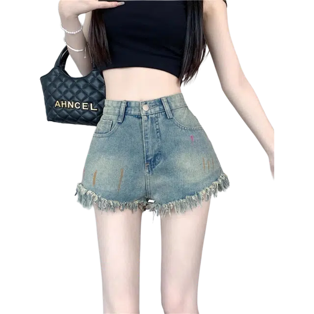 么宁 复古彩绘时尚高腰辣妹热裤子牛仔短裤 女款