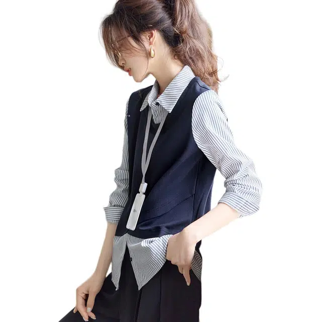 沫晗依美 保暖针织百搭条纹常规长袖翻领休闲中腰衬衫 女款