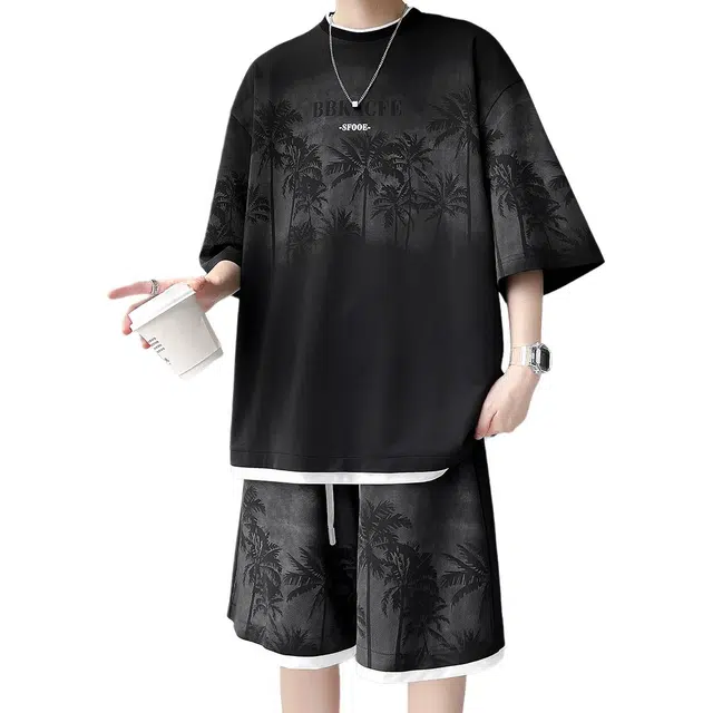 顶峰保罗 冰丝扎染假两件薄款跑步健身凉感圆领短袖上衣无性别主义痞帅潮牌宽松透气速干短裤休闲运动套装 男女同款