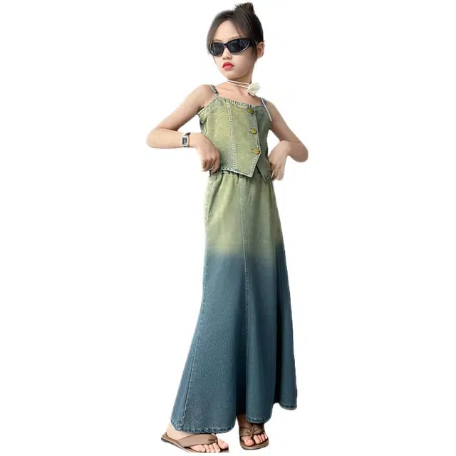 木木兔裙装套装 时髦洋气学院风中大童时尚女孩百搭休闲牛仔鱼尾裙两件套