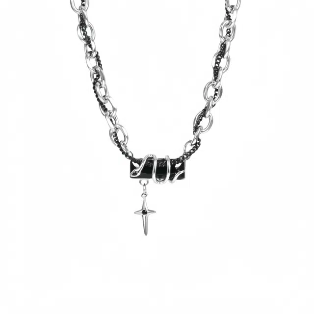 阿葱饰品 嘻哈说唱潮流灵蛇缠绕四芒星十字架叠戴式锁骨链 高级感百搭简约拼接古巴配饰 钛钢 项链 男女同款情侣款