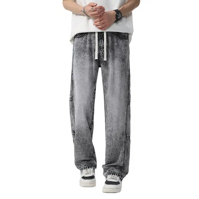 协协乐 美式潮牌垂感阔腿牛仔裤 男款 烟灰色