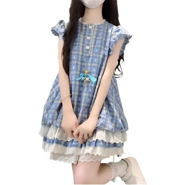 思蓓儿 法式气质格子女初夏季穿搭泡泡袖公主短裙短袖连衣裙 女款