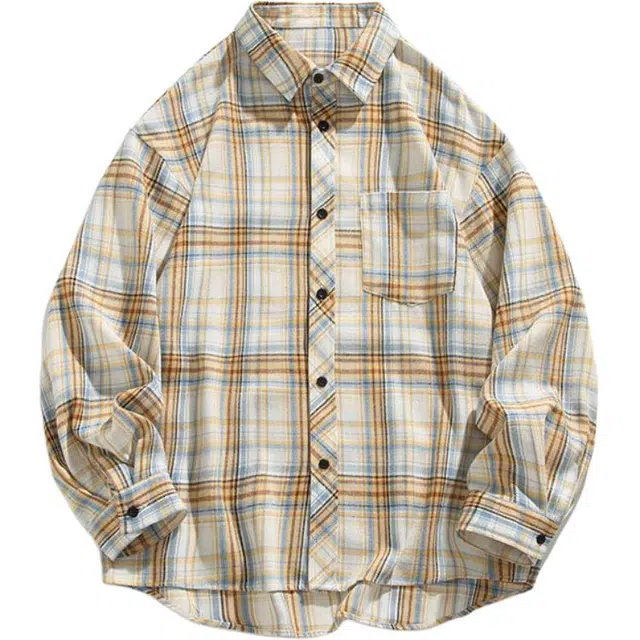 零氏 日系复古少年感简约基础感多巴胺宽松百搭翻领纽扣口袋设计垂感外穿多彩格纹长袖衬衫 男女同款