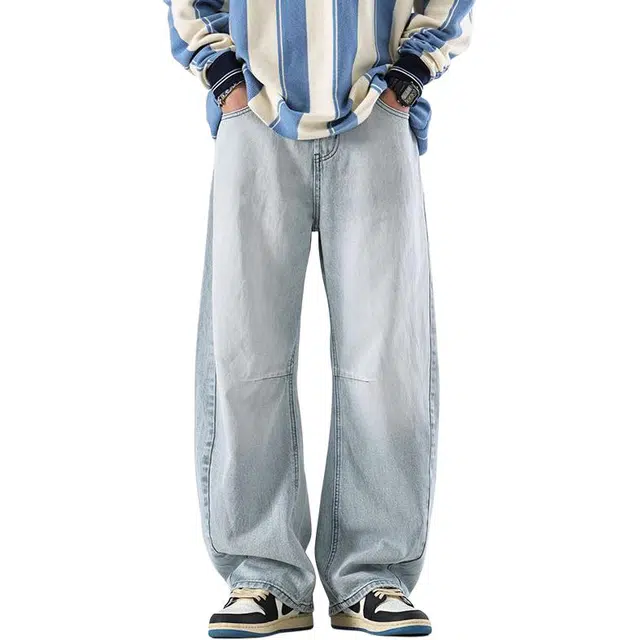 宝米卡 复古高街休闲韩版做旧简约直筒牛仔裤 男女同款 天青蓝