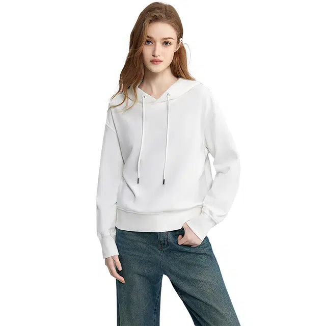 她池 抽绳连帽宽松休闲长袖卫衣 女款 白色