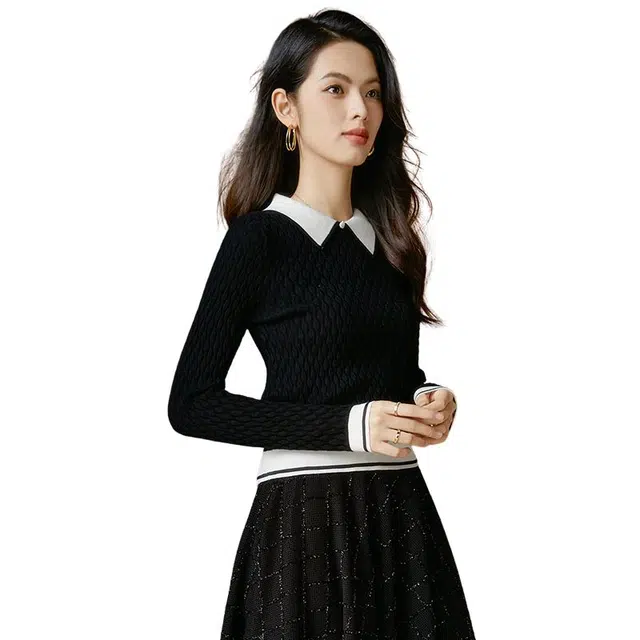 晚白 高弹弹力通勤减龄针织衫 女款 黑色
