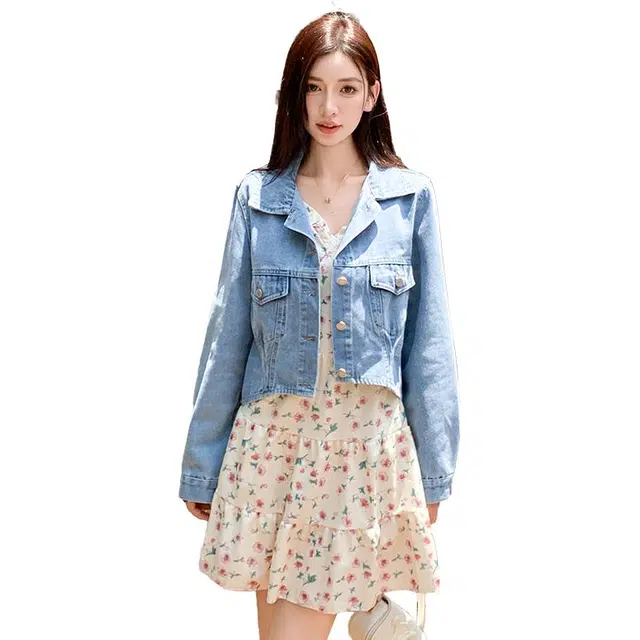 水中花 港风宽松百搭小个子翻领长袖牛仔外套 女款 浅蓝色