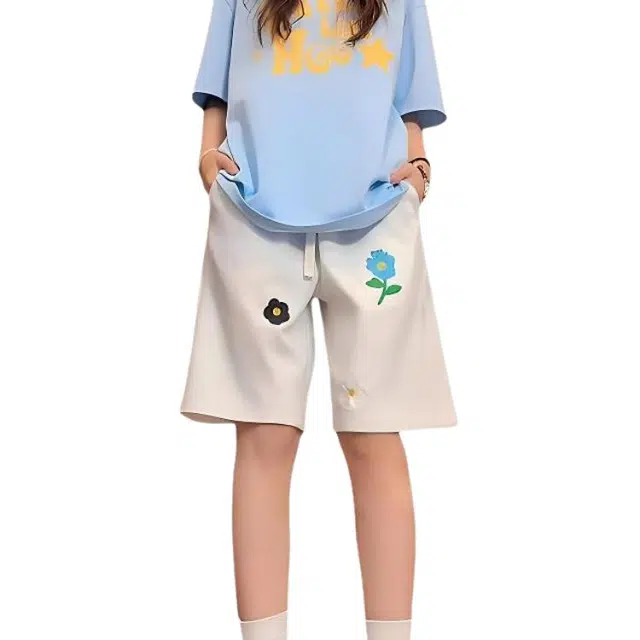 单爵 花卉运动外穿美式裤子宽松五分休闲短裤 男女同款